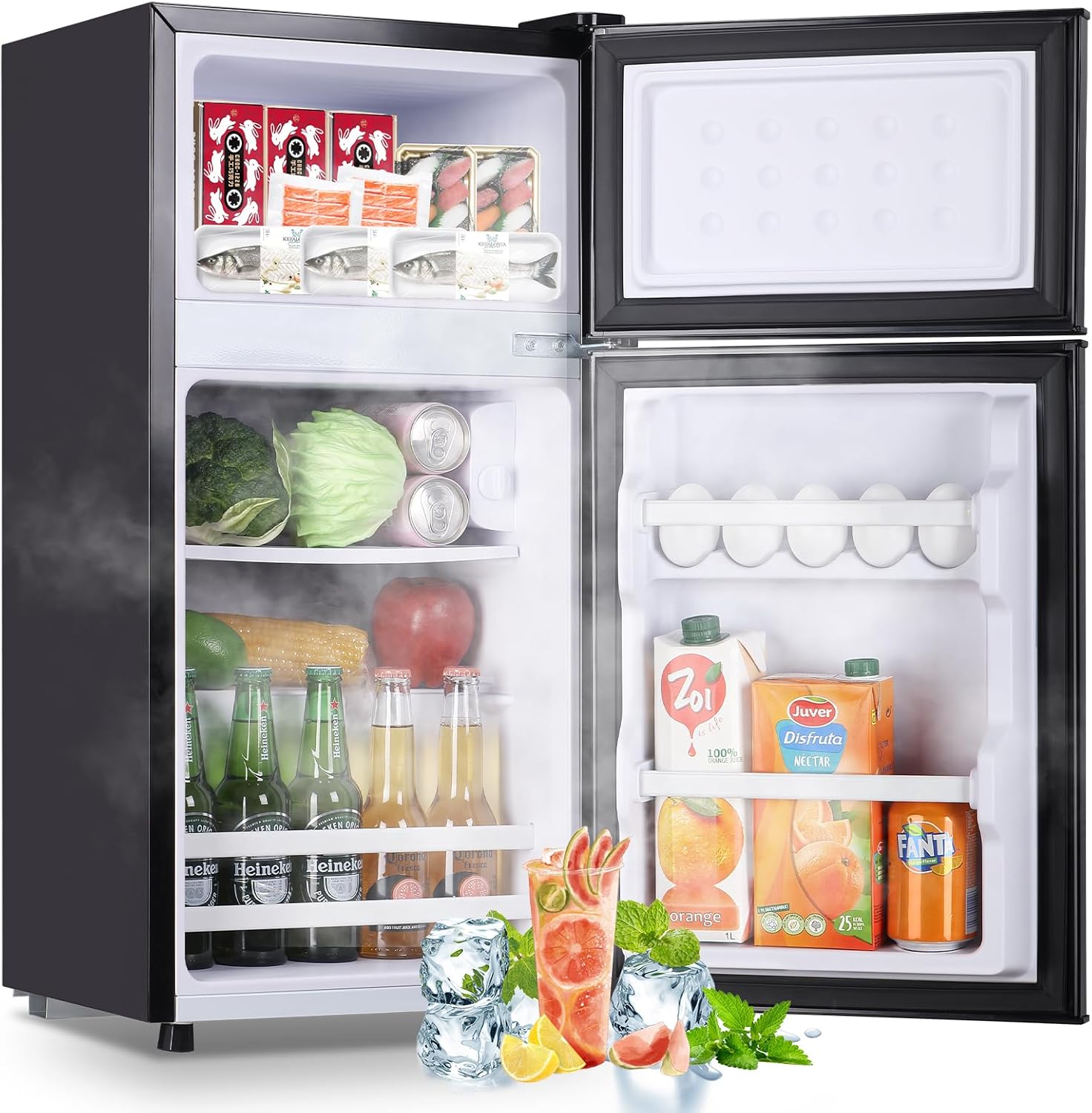 2.4 Cu.ft Mini Fridge with Double Doors Small Refrigerator with Separate Freezer & 7 Adjustable Temperature Control, Tiny Size & Personal Fridge Ideal for Office Apartment Dorm Dark Grey